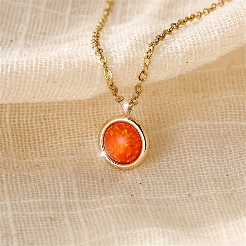 Golden Round-Cut Orange Stone Necklace, Valentine's Gift